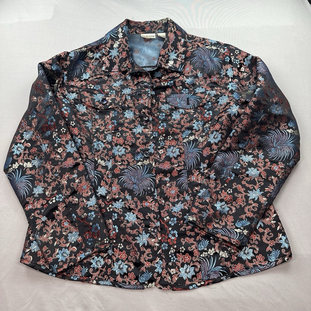 Chicos Brocade Tapestry Jacket Sz 2/LG East Asian Floral Botanical Motifs
